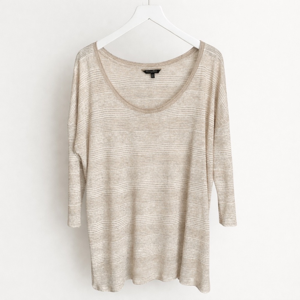 Massimo Dutti Linen Blend Beige Stripe Scoop Neck Top | XS